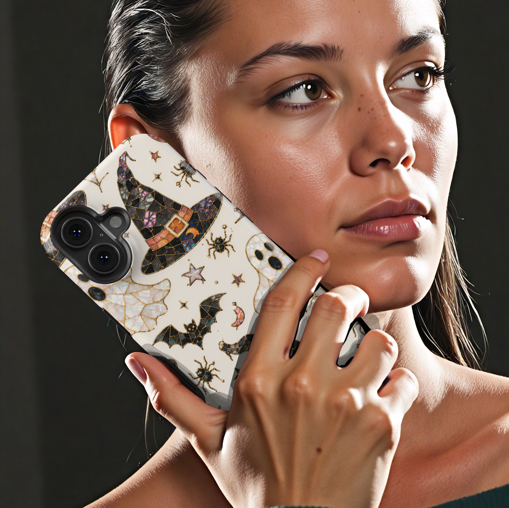 Enchanted Witch Samsung Galaxy case featuring stained glass witch hats, pearl ghosts, bats, spiders, crescent moons and stars.