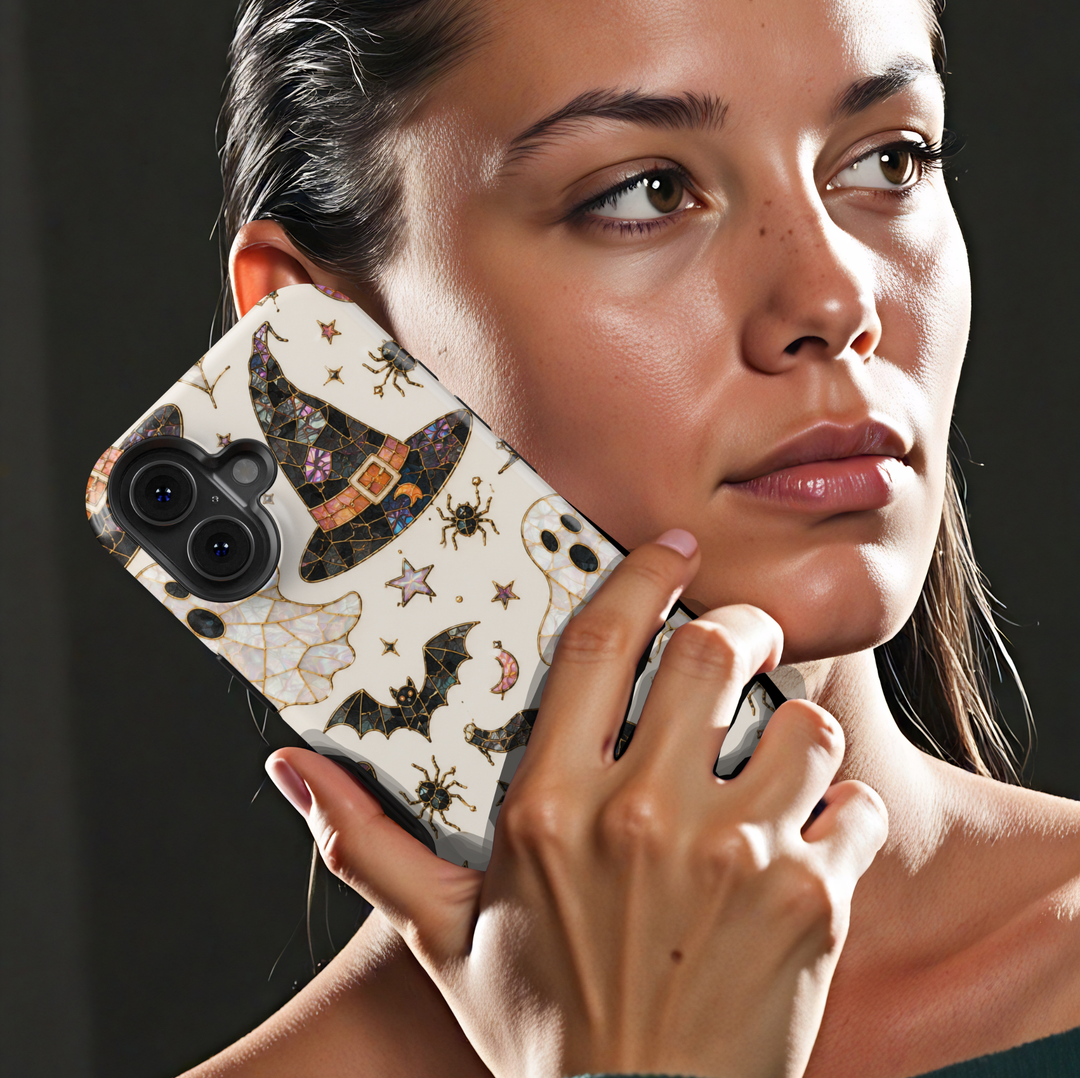 Enchanted Witch Samsung Galaxy case featuring stained glass witch hats, pearl ghosts, bats, spiders, crescent moons and stars.