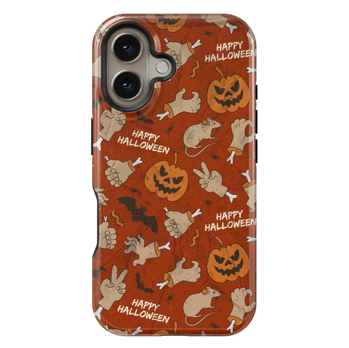 Halloween phone case with a grunge orange background featuring creepy cartoon hands, rats, bats, jack-o'-lanterns, spiders, and “Happy Halloween” text.



