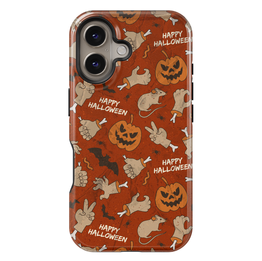Halloween phone case with a grunge orange background featuring creepy cartoon hands, rats, bats, jack-o'-lanterns, spiders, and “Happy Halloween” text.



