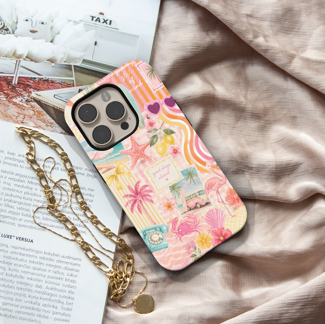 Pink tropical iPhone 17 Pro Max case featuring flamingos, palm trees, beach scenes, shells, lemons, and retro summer collage artwork.