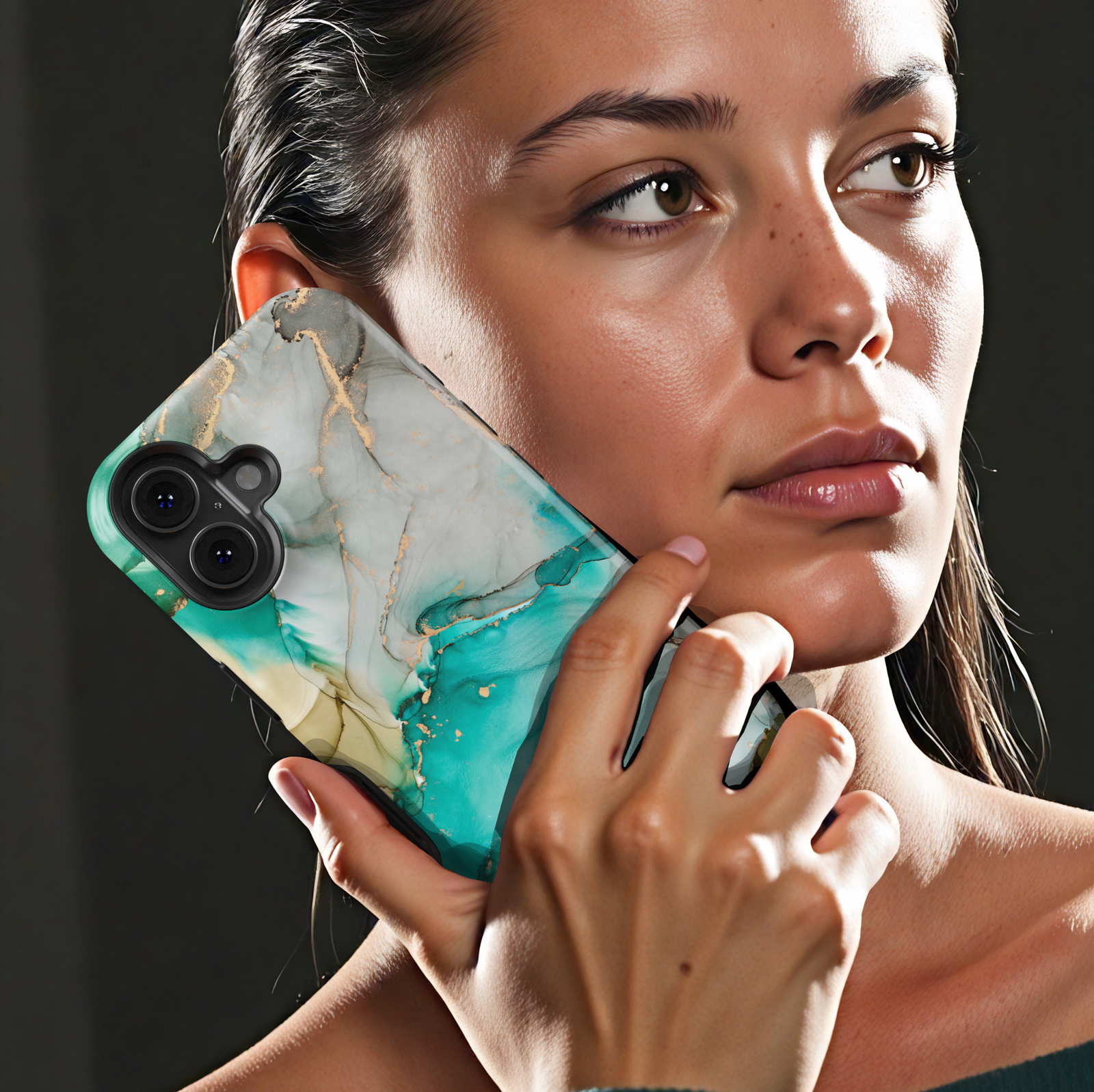 Personalized blue marble phone case with gold accents and custom name design