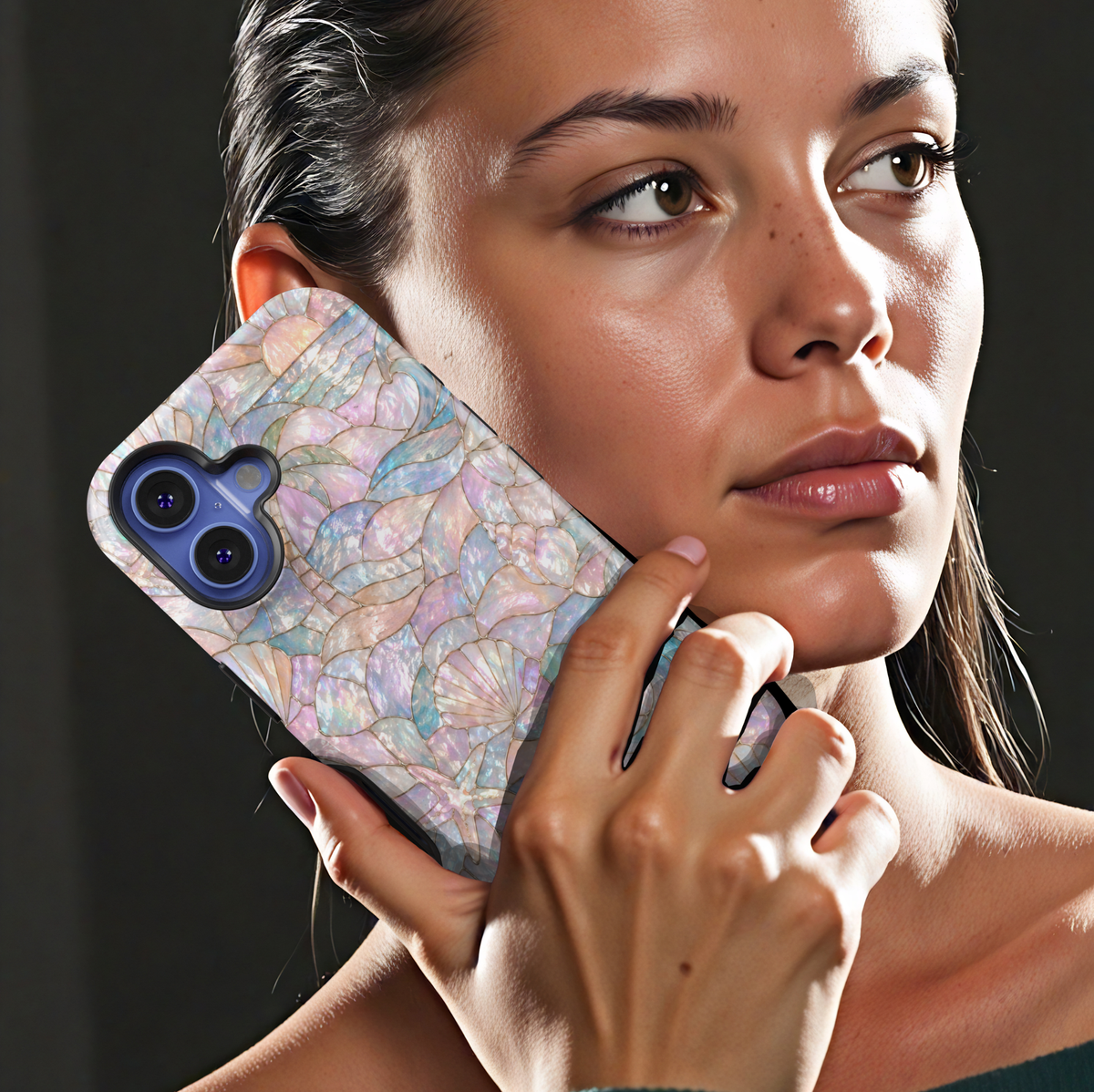Iridescent ocean beach iPhone 17 Pro Max case with seashells, waves, and pastel pearl mosaic design, MagSafe tough case.