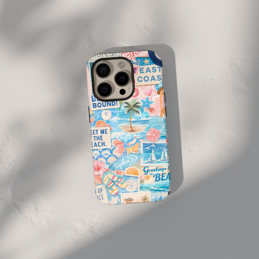 Beach aesthetic collage phone case with ocean, palm trees, and summer elements for iPhone 17 Pro Max and Samsung Galaxy S26 Ultra.
