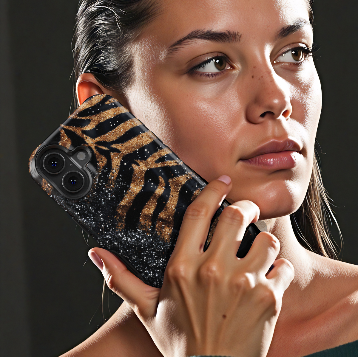 Black and gold leopard luxury phone case with glitter accents on a protective iPhone and Samsung Galaxy phone case for women