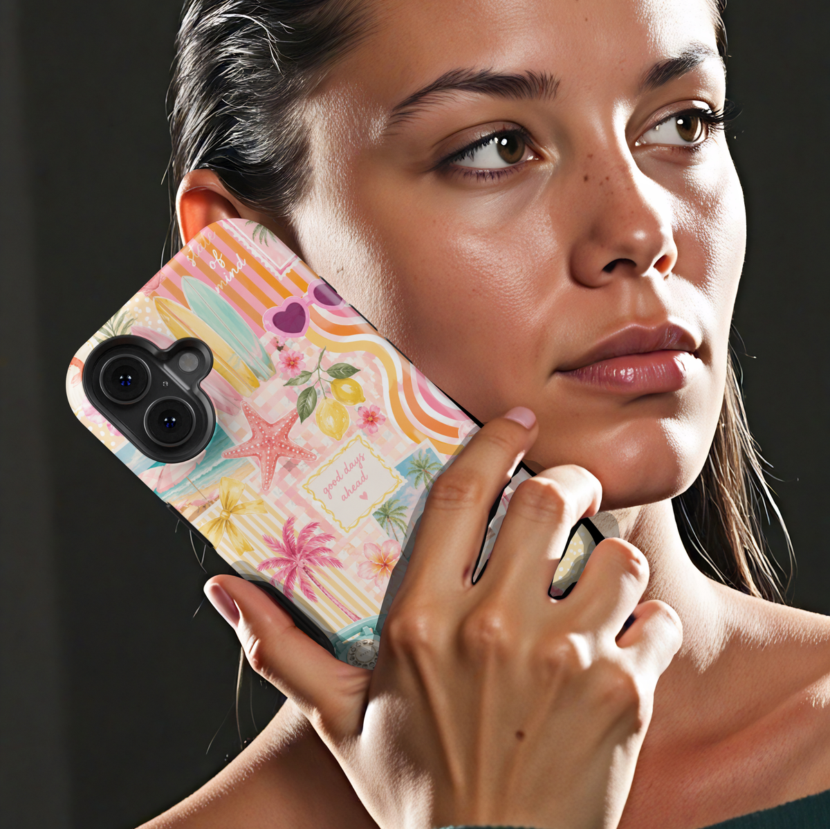Pink tropical iPhone 17 Pro Max case featuring flamingos, palm trees, beach scenes, shells, lemons, and retro summer collage artwork.