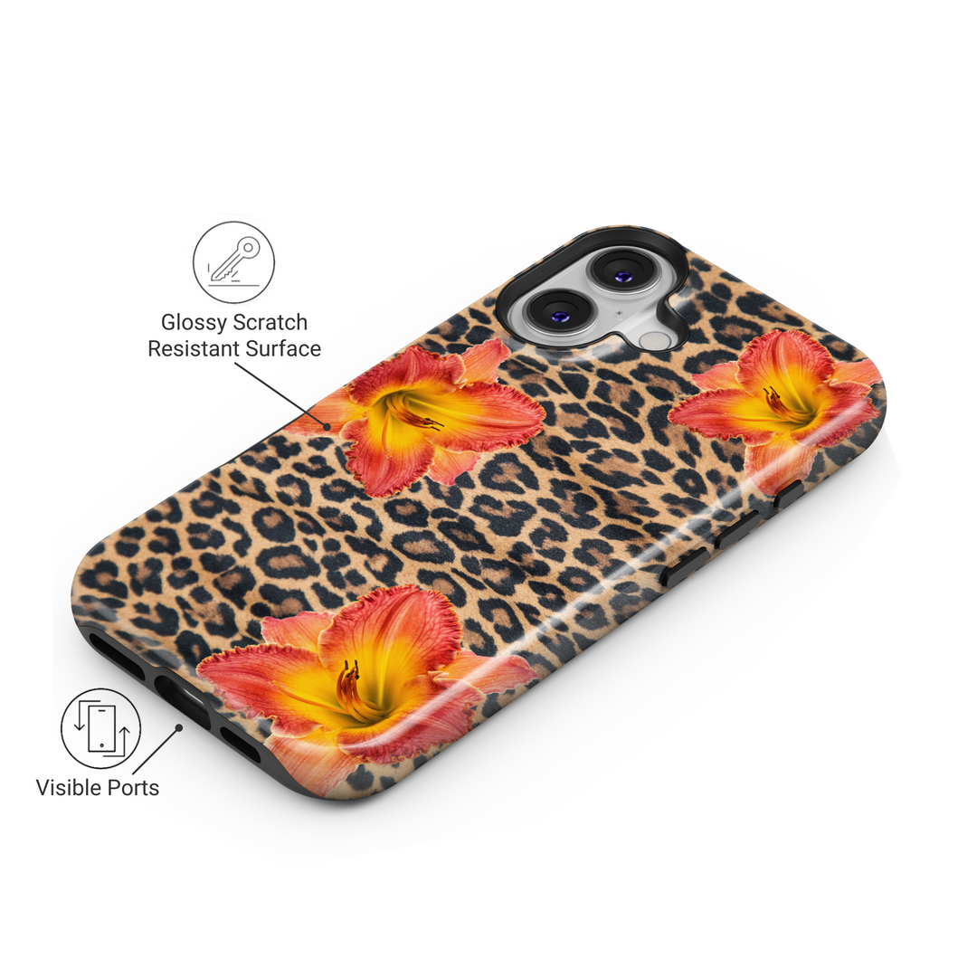 MagSafe iPhone 16 Pro Max case with leopard print and tropical flower design – protective wild aesthetic case for iPhone 15 Pro and iPhone 16e