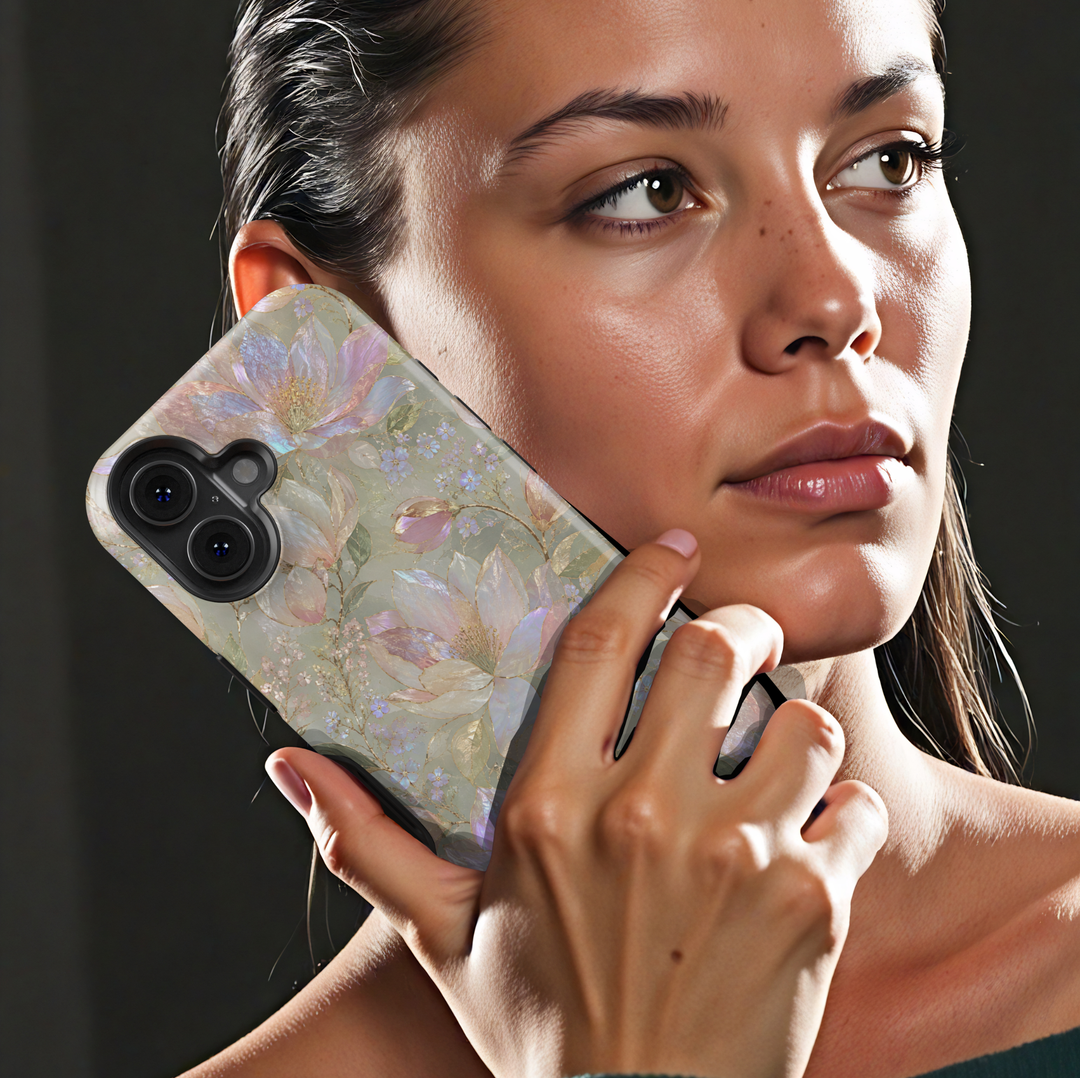 Opal Magnolia iPhone case with pearlescent blush and ivory magnolia flowers, lavender accents and soft sage green background.