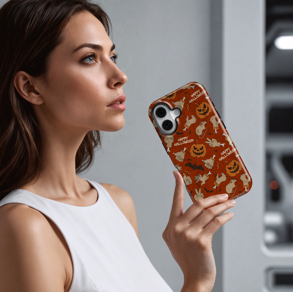 Halloween phone case with a grunge orange background featuring creepy cartoon hands, rats, bats, jack-o'-lanterns, spiders, and “Happy Halloween” text.

