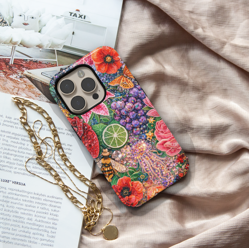 Colorful gemstone floral phone case with grapes, lime slice, bee and sparkling jellyfish design, protective tough case for iPhone and Samsung Galaxy