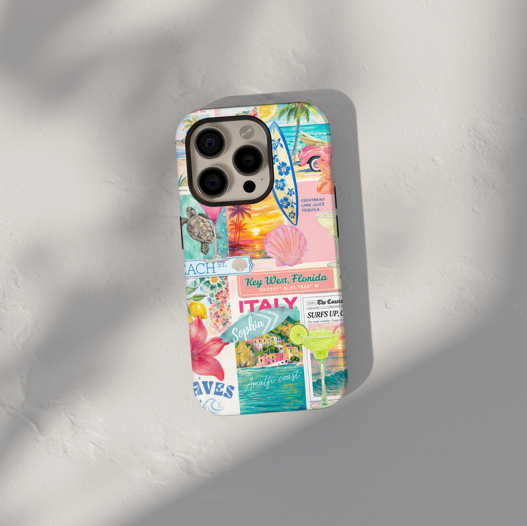 Tropical beach collage phone case with ocean, citrus, and travel aesthetic for iPhone 17 Pro Max and Samsung Galaxy S26 Ultra.