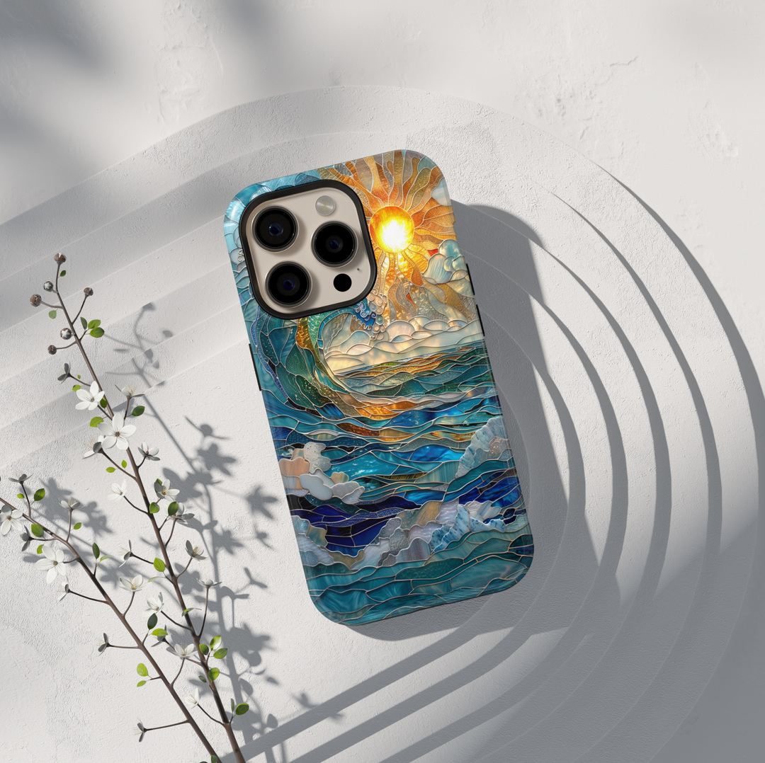 Ocean inspired stained glass art phone case with layered blue waves and golden sun on a protective iPhone and Samsung Galaxy phone case for women