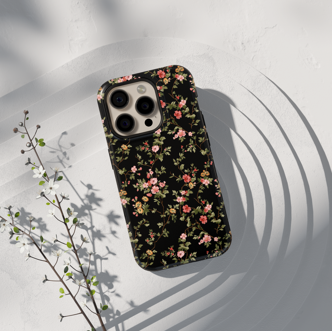Elegant black floral iPhone 17 case with vintage botanical flower pattern protective tough case for iPhone 17 Pro Max, iPhone 17 Pro, iPhone 16 Pro Max, iPhone 16 Plus dark floral aesthetic phone cover