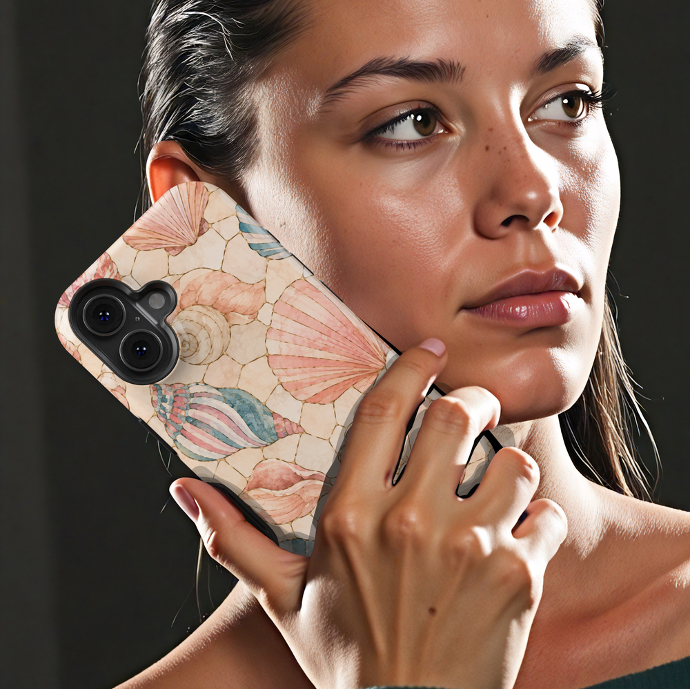 Pastel seashell iPhone case featuring pink scallop shells, spiral shells, pearl accents, and a soft coastal beach design.