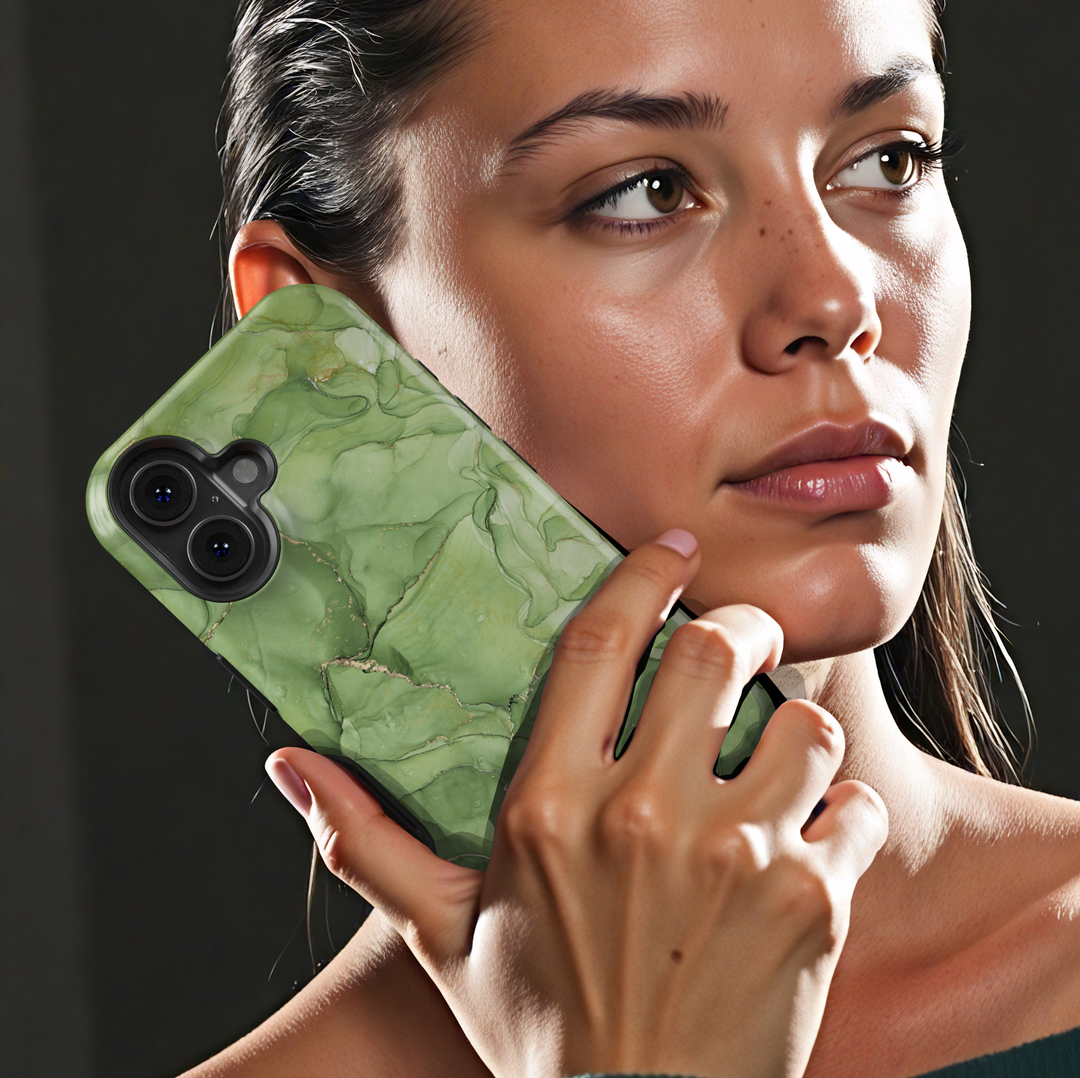 Personalized blue marble phone case with gold accents and custom name design