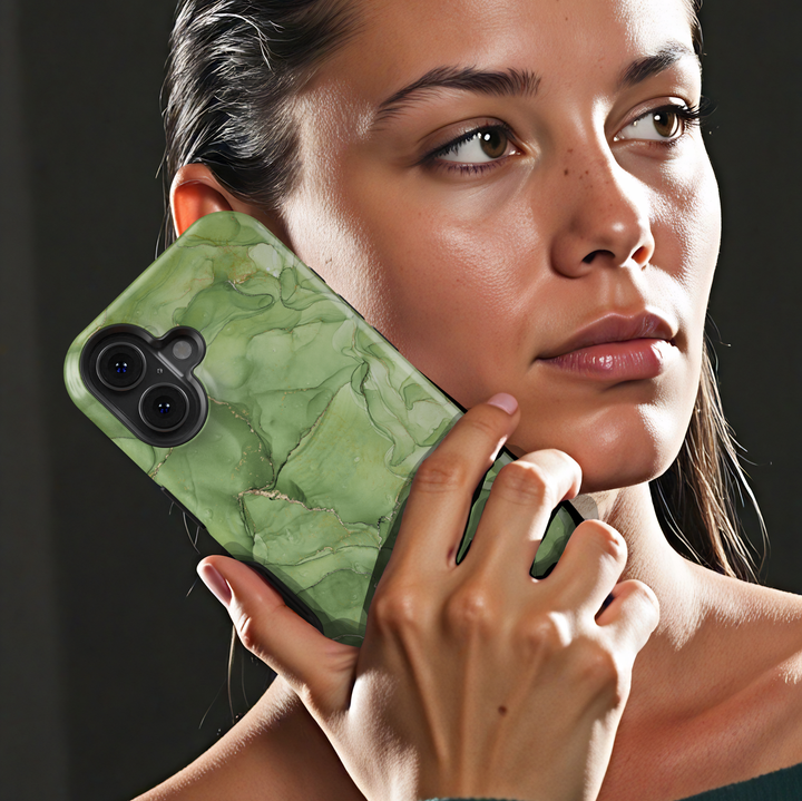 Personalized blue marble phone case with gold accents and custom name design