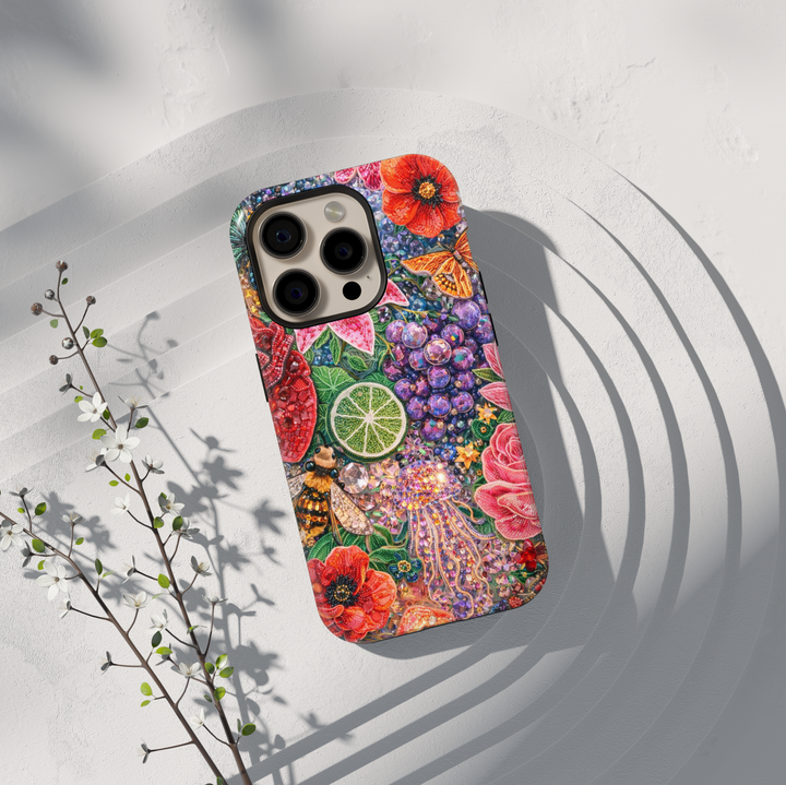 Colorful gemstone floral phone case with grapes, lime slice, bee and sparkling jellyfish design, protective tough case for iPhone and Samsung Galaxy