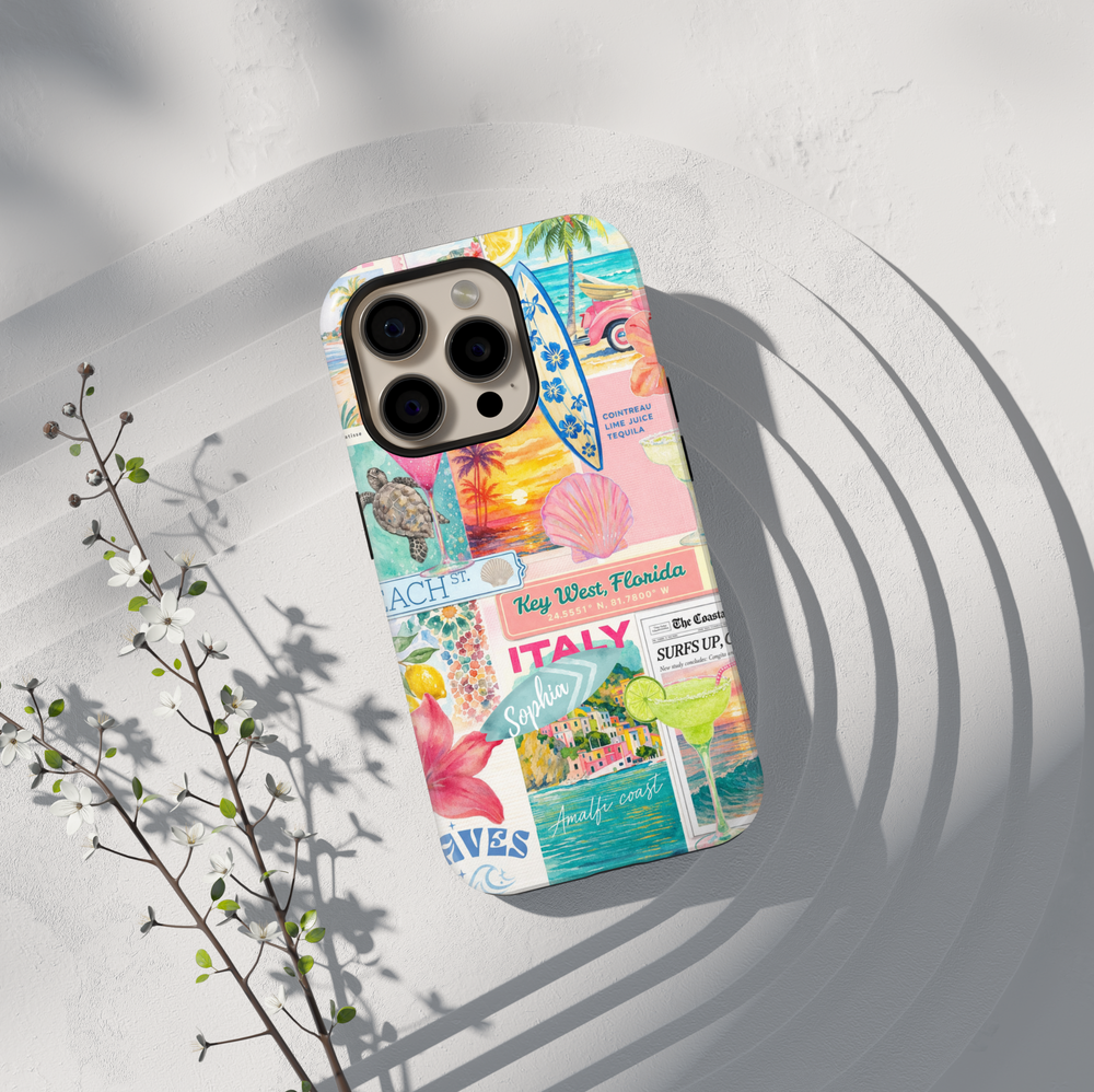 Tropical beach collage phone case with ocean, citrus, and travel aesthetic for iPhone 17 Pro Max and Samsung Galaxy S26 Ultra.