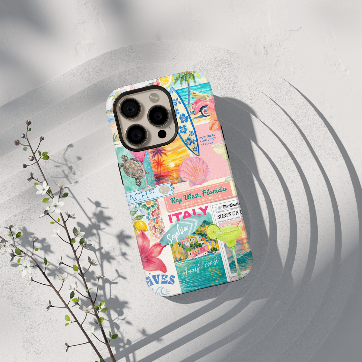 Tropical beach collage phone case with ocean, citrus, and travel aesthetic for iPhone 17 Pro Max and Samsung Galaxy S26 Ultra.