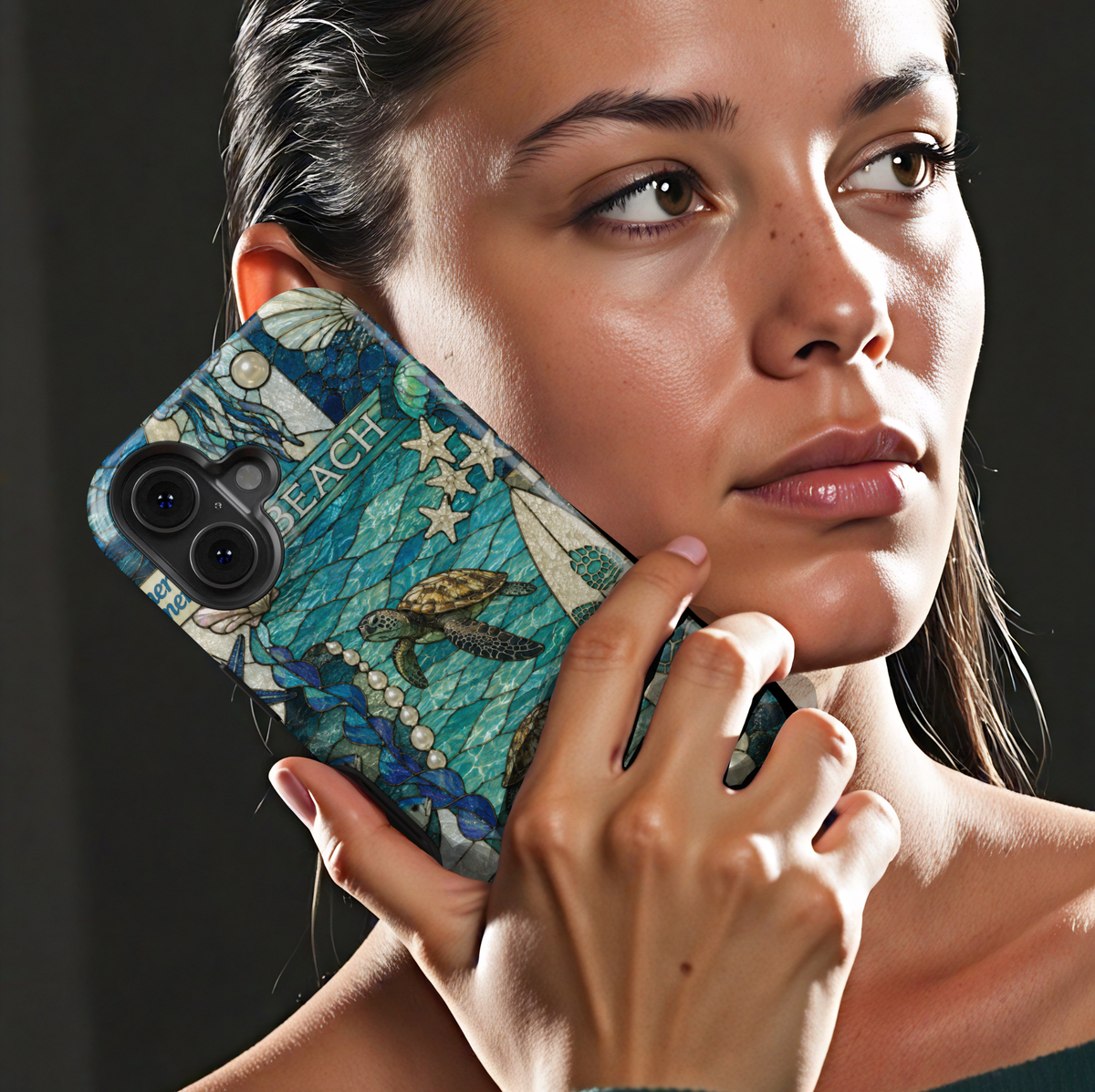 Sea turtle coastal iPhone 17 Pro Max case featuring ocean waves, surfboards, shells, pearls, and tropical beach artwork.
