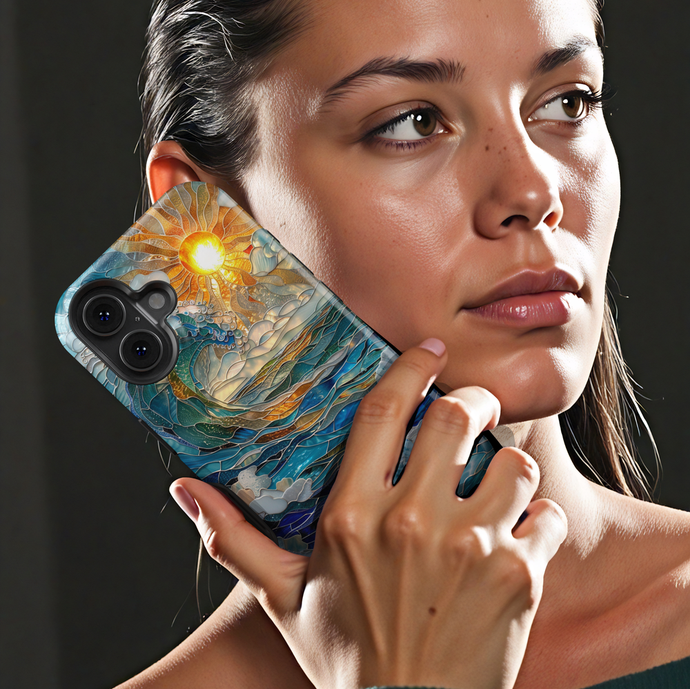 Ocean inspired stained glass art phone case with layered blue waves and golden sun on a protective iPhone and Samsung Galaxy phone case for women