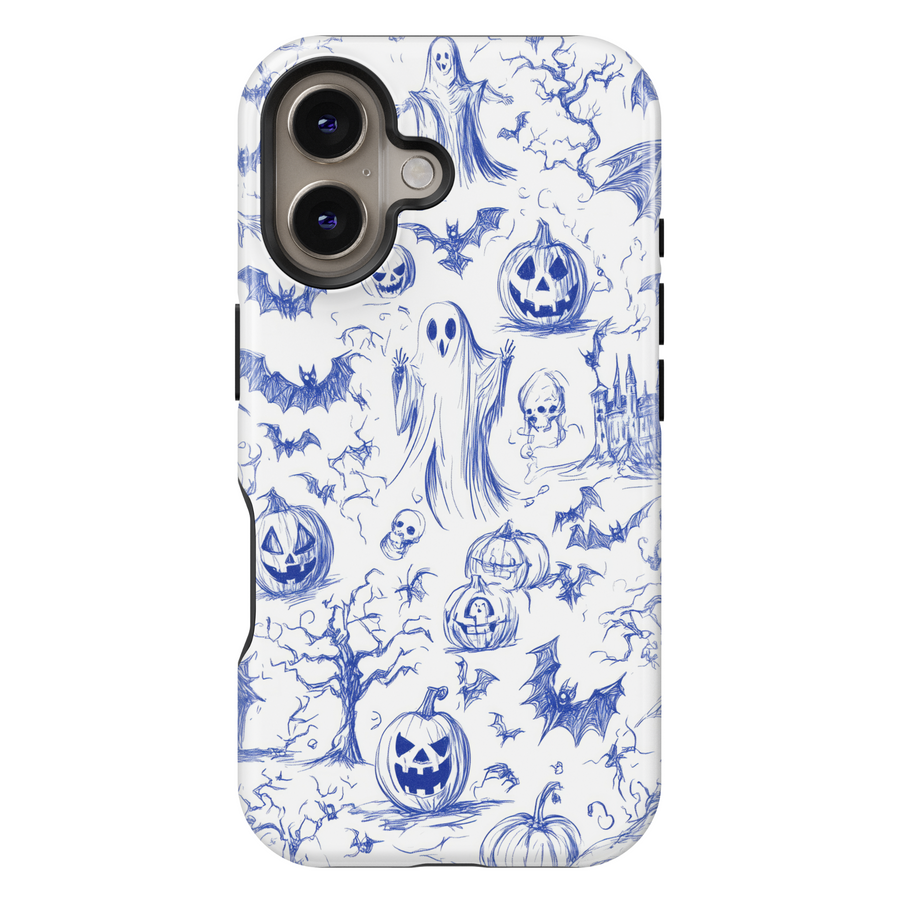 Halloween phone case with blue sketch illustrations of ghosts, bats, jack-o'-lanterns, haunted trees, skulls, and a spooky castle on a white background.
