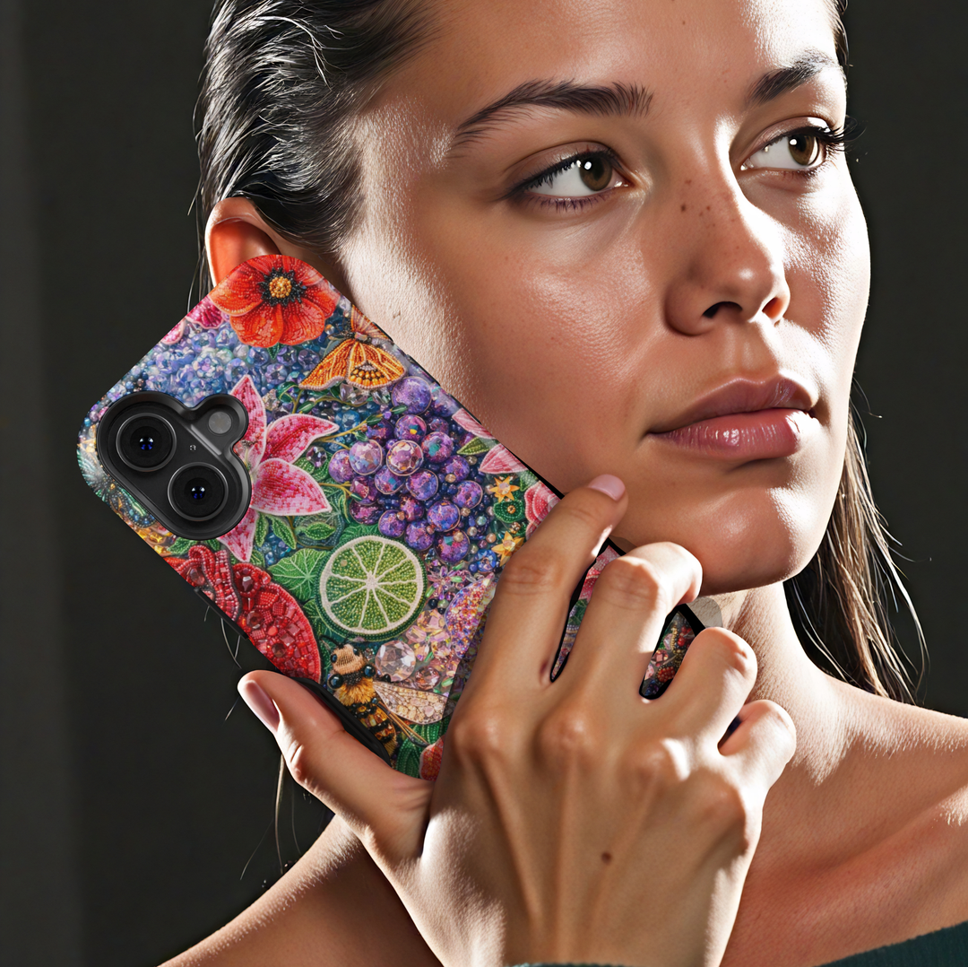 Colorful gemstone floral phone case with grapes, lime slice, bee and sparkling jellyfish design, protective tough case for iPhone and Samsung Galaxy