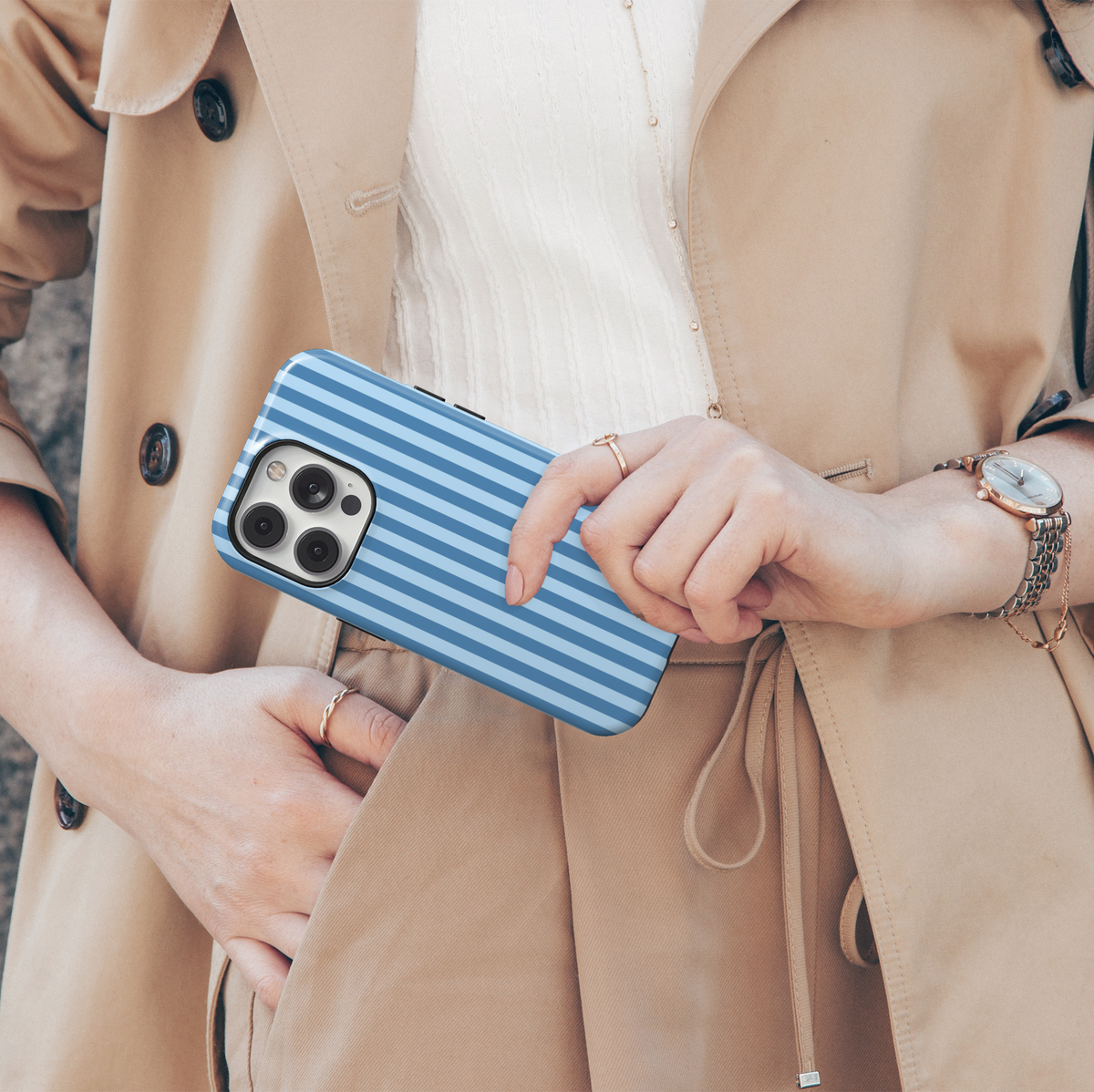 Blue Routine blue striped iPhone 18 Pro Max MagSafe case featuring vertical powder blue and denim blue stripes, a clean preppy minimalist tough iPhone 18 Pro phone case with light blue aesthetic, classic striped design, protective style and MagSafe compatibility.