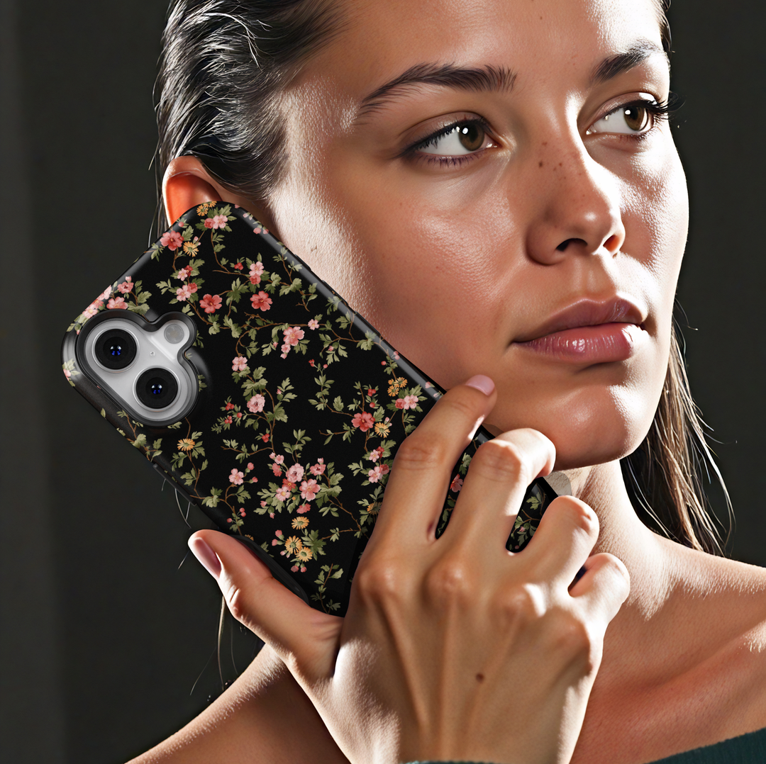 Elegant black floral iPhone 17 case with vintage botanical flower pattern protective tough case for iPhone 17 Pro Max, iPhone 17 Pro, iPhone 16 Pro Max, iPhone 16 Plus dark floral aesthetic phone cover