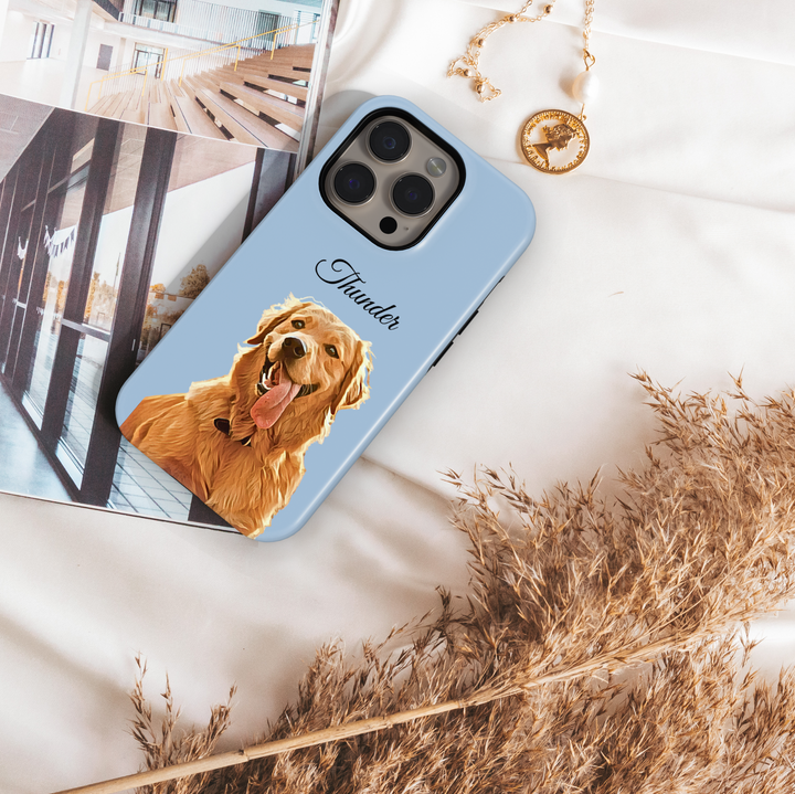Personalized custom pet phone case with dog portrait – pink iPhone case featuring a cute puppy illustration and custom name Ideal gift for dog moms and pet lovers. Protective and stylish custom phone cover for pet owners