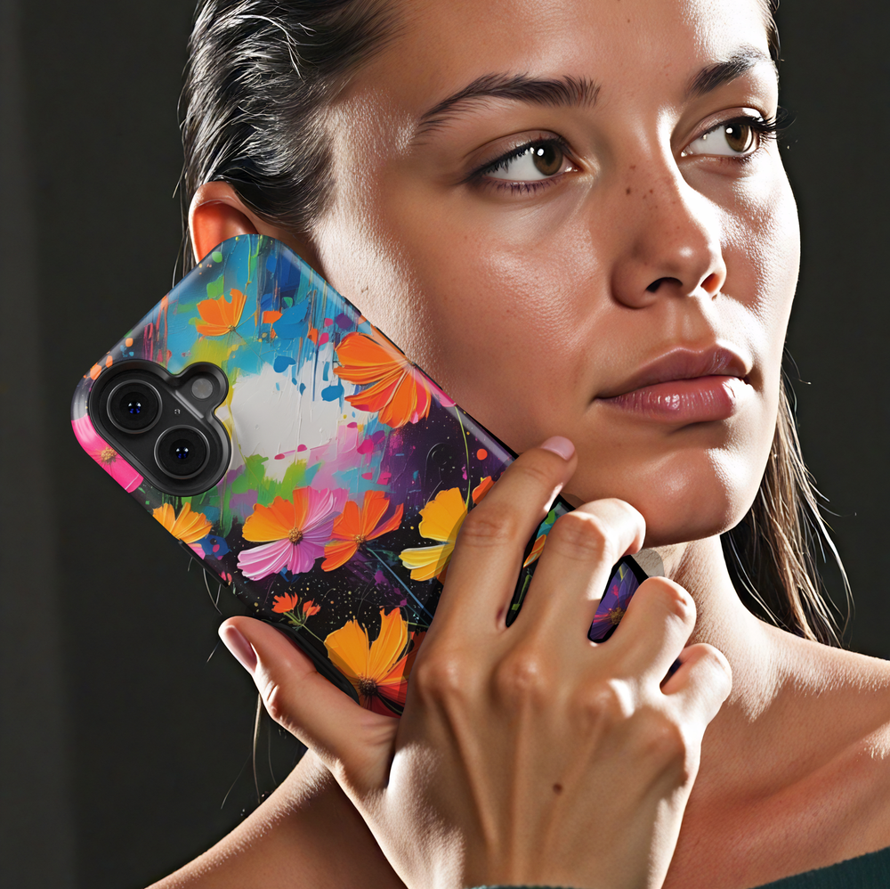 Abstract wildflower iPhone case featuring vibrant orange, pink, yellow, and purple flowers on a colorful artistic background.