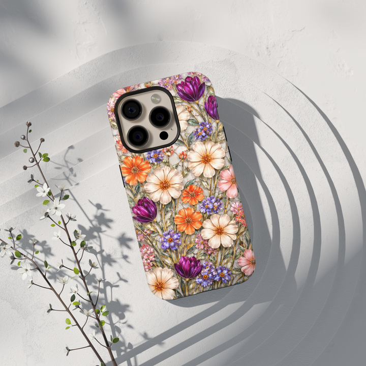 Elegant floral phone case with vintage garden flowers in pink, orange, and purple for iPhone 17 Pro Max and Samsung Galaxy S26 Ultra.