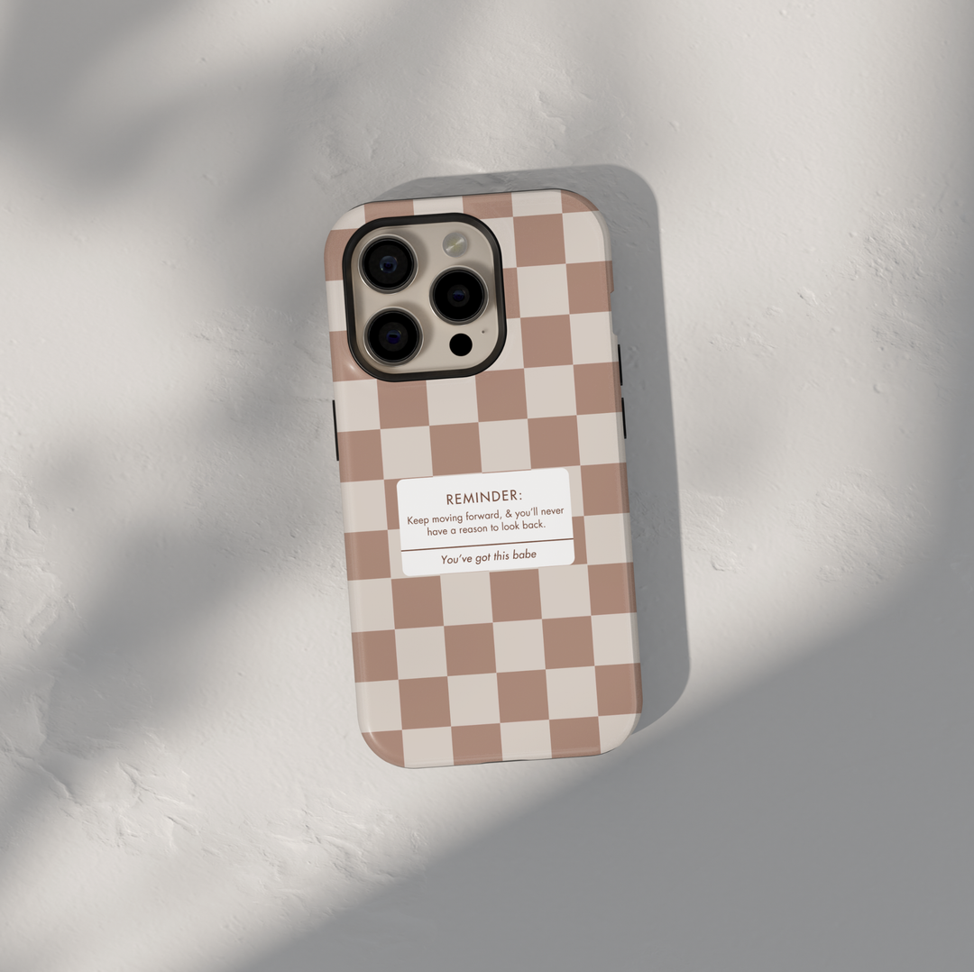 Neutral gingham aesthetic phone case with reminder quote, beige checkered minimalist iPhone 16 Pro Max case, Samsung Galaxy S26 Ultra S25 Ultra glossy protective cover