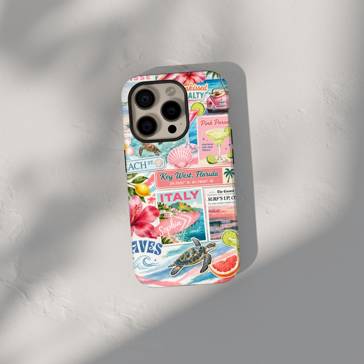 Tropical beach collage phone case with ocean, citrus, and travel aesthetic for iPhone 17 Pro Max and Samsung Galaxy S26 Ultra.