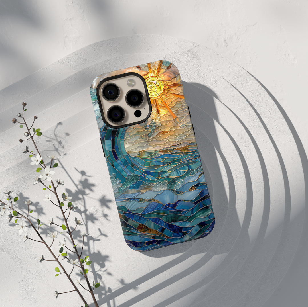 Ocean inspired stained glass art phone case with layered blue waves and golden sun on a protective iPhone and Samsung Galaxy phone case for women