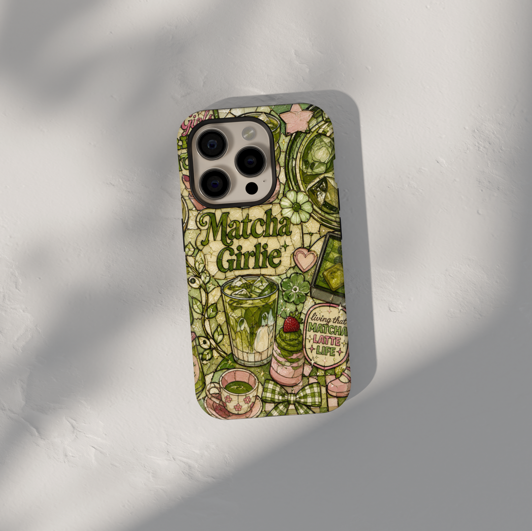 Cute matcha aesthetic iPhone 17 Pro Max case with green tea drinks, desserts, bows, and cozy cafe-inspired artwork.