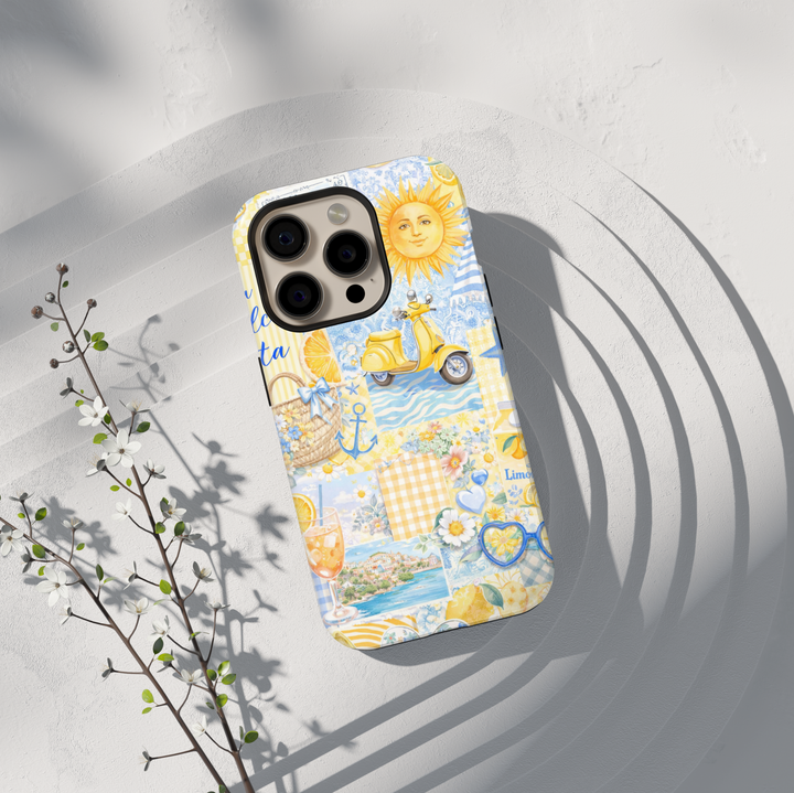 Italian summer Amalfi Coast collage iPhone 17 case with lemons, vespa scooter, coastal travel aesthetic protective tough case for iPhone 17 Pro Max, iPhone 17 Pro, iPhone 16 Pro Max, iPhone 16 Plus