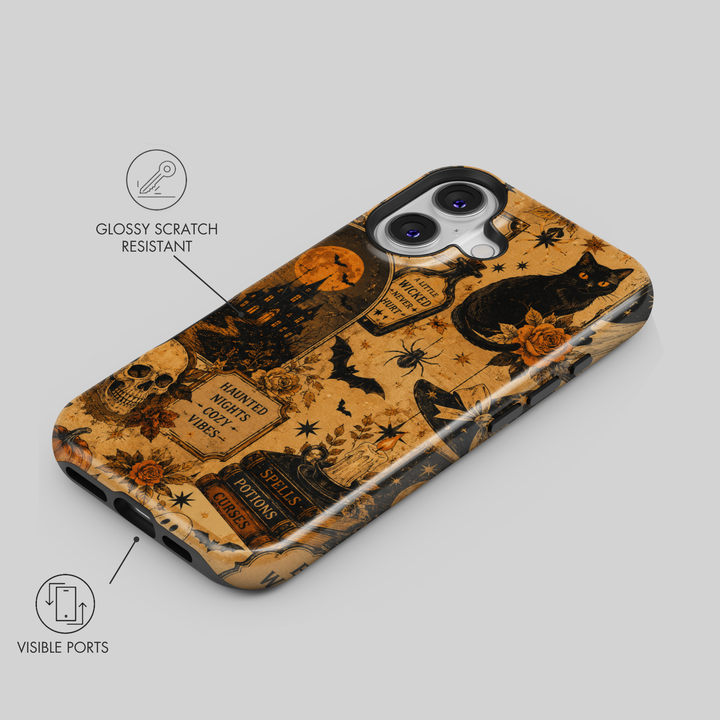 A phone case with a gothic Halloween design, featuring a black cat, skull, tombstones, and bats on a tan background. The image includes callout graphics highlighting its glossy scratch-resistant properties and visible ports.