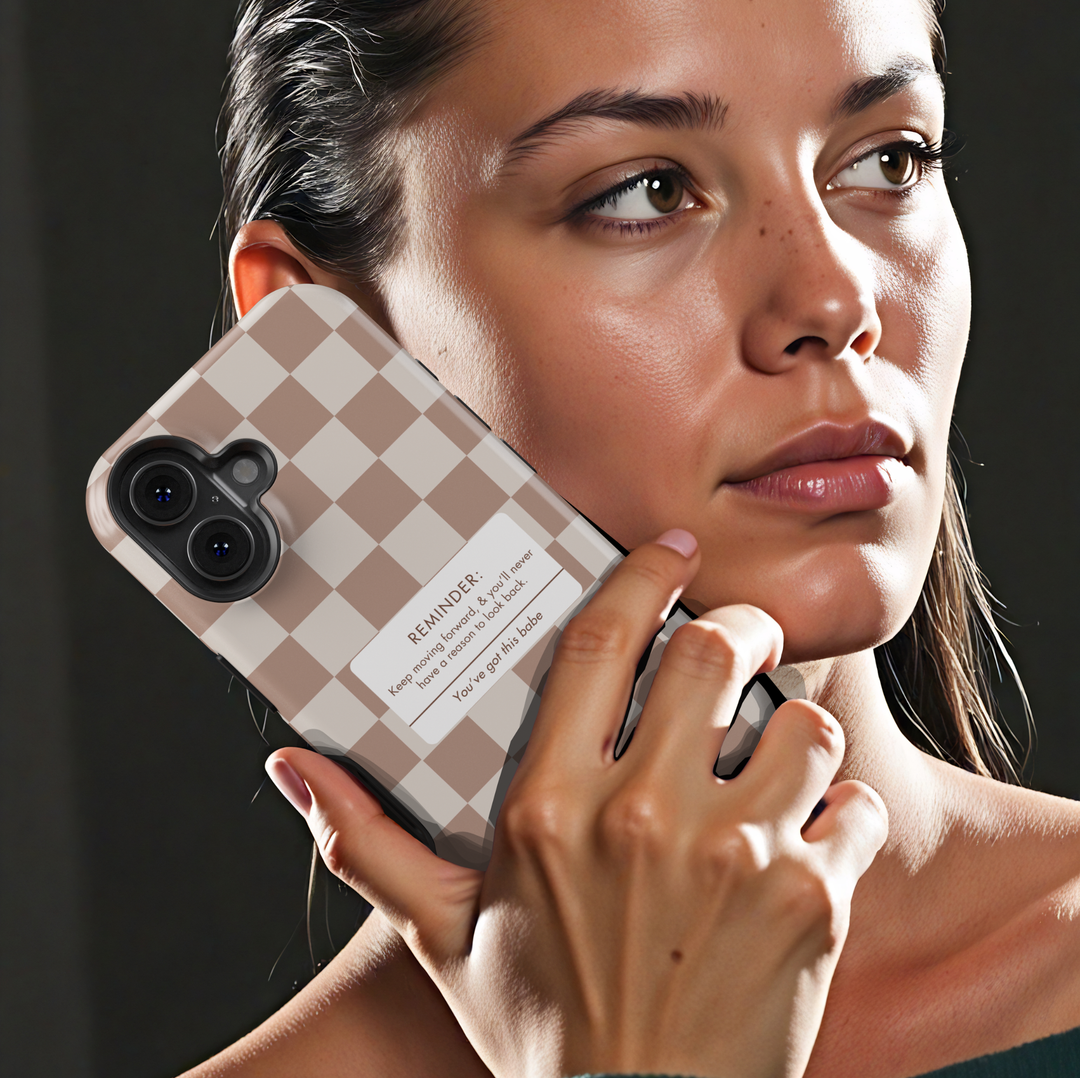 Neutral gingham aesthetic phone case with reminder quote, beige checkered minimalist iPhone 16 Pro Max case, Samsung Galaxy S26 Ultra S25 Ultra glossy protective cover