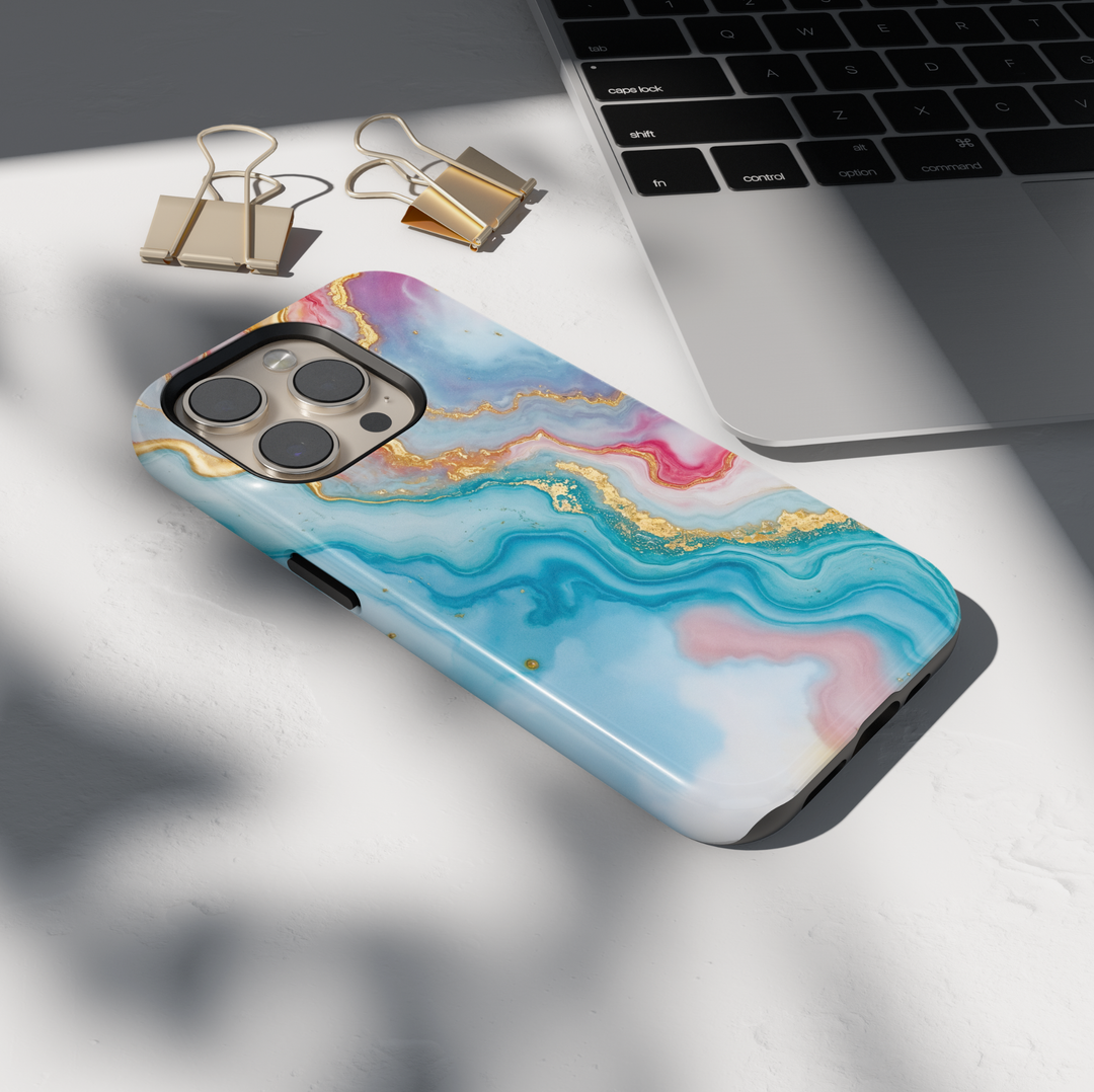 Personalized blue marble phone case with gold accents and custom name design