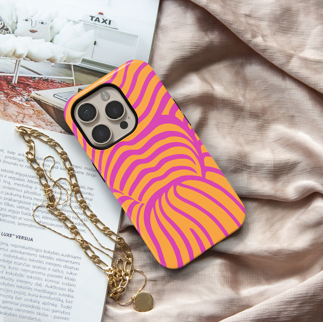 Electric Sunset pink and orange iPhone 18 Pro Max MagSafe case featuring bold hot pink, magenta and bright orange abstract wavy lines, a colorful retro groovy tough iPhone 18 Pro phone case with funky Y2K aesthetic, protective design and MagSafe compatibility.