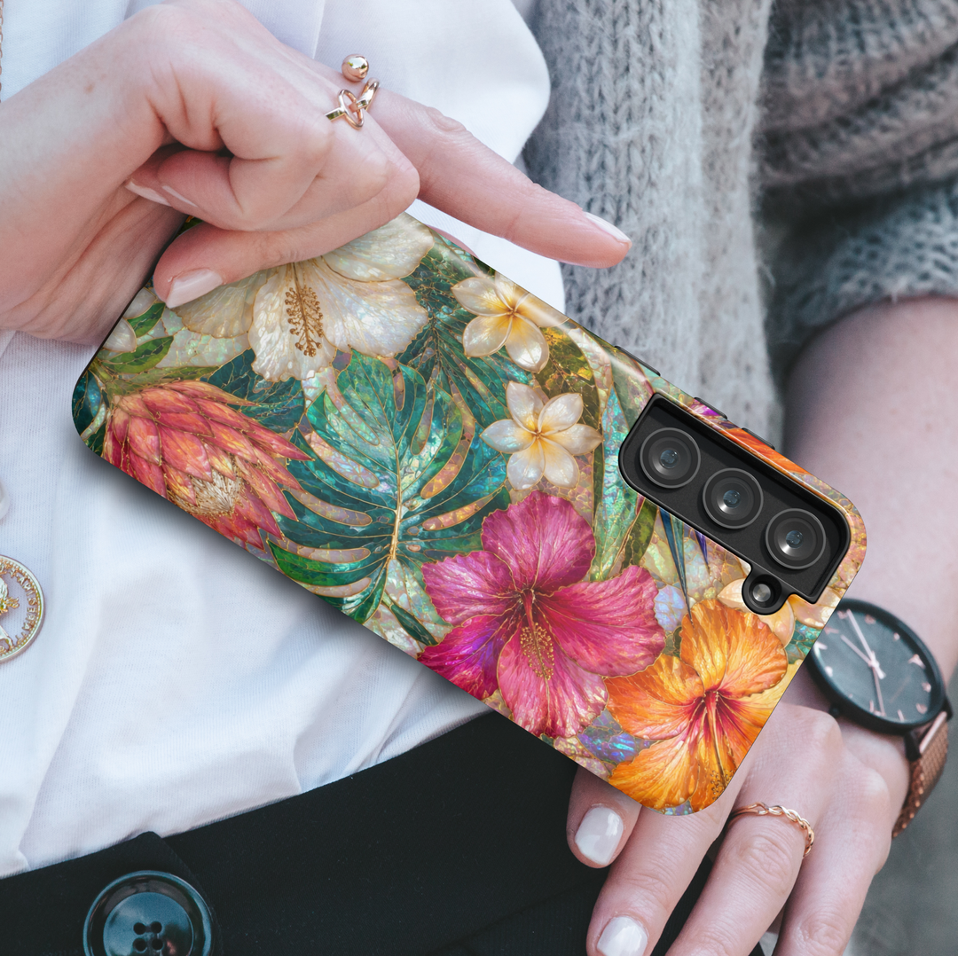 Exotic tropical Samsung Galaxy phone case with hibiscus flowers, botanical leaves, and colorful island-inspired artwork.