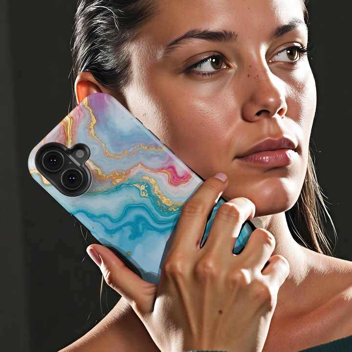 Personalized blue marble phone case with gold accents and custom name design