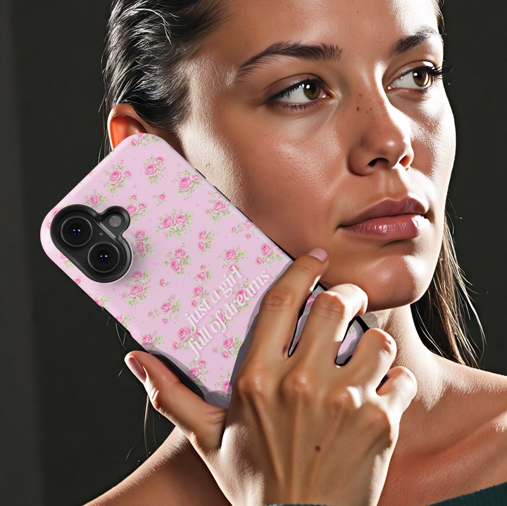 Pink floral aesthetic phone case with just a girl full of dreams quote, cute rose pattern iPhone 16 Pro Max case, Samsung Galaxy S26 Ultra S25 Ultra girly blush pink glossy protective cover