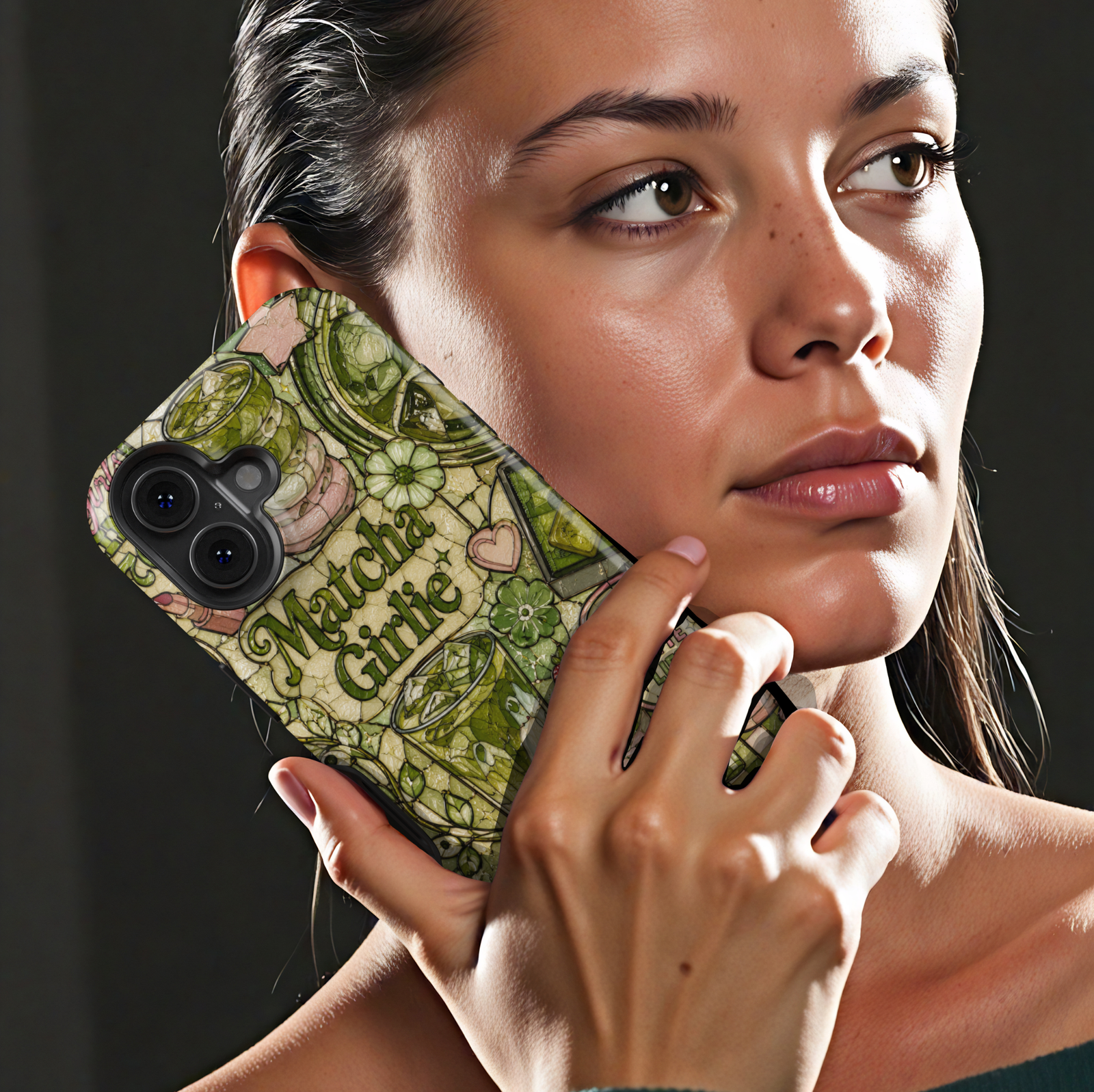 Cute matcha aesthetic iPhone 17 Pro Max case with green tea drinks, desserts, bows, and cozy cafe-inspired artwork.
