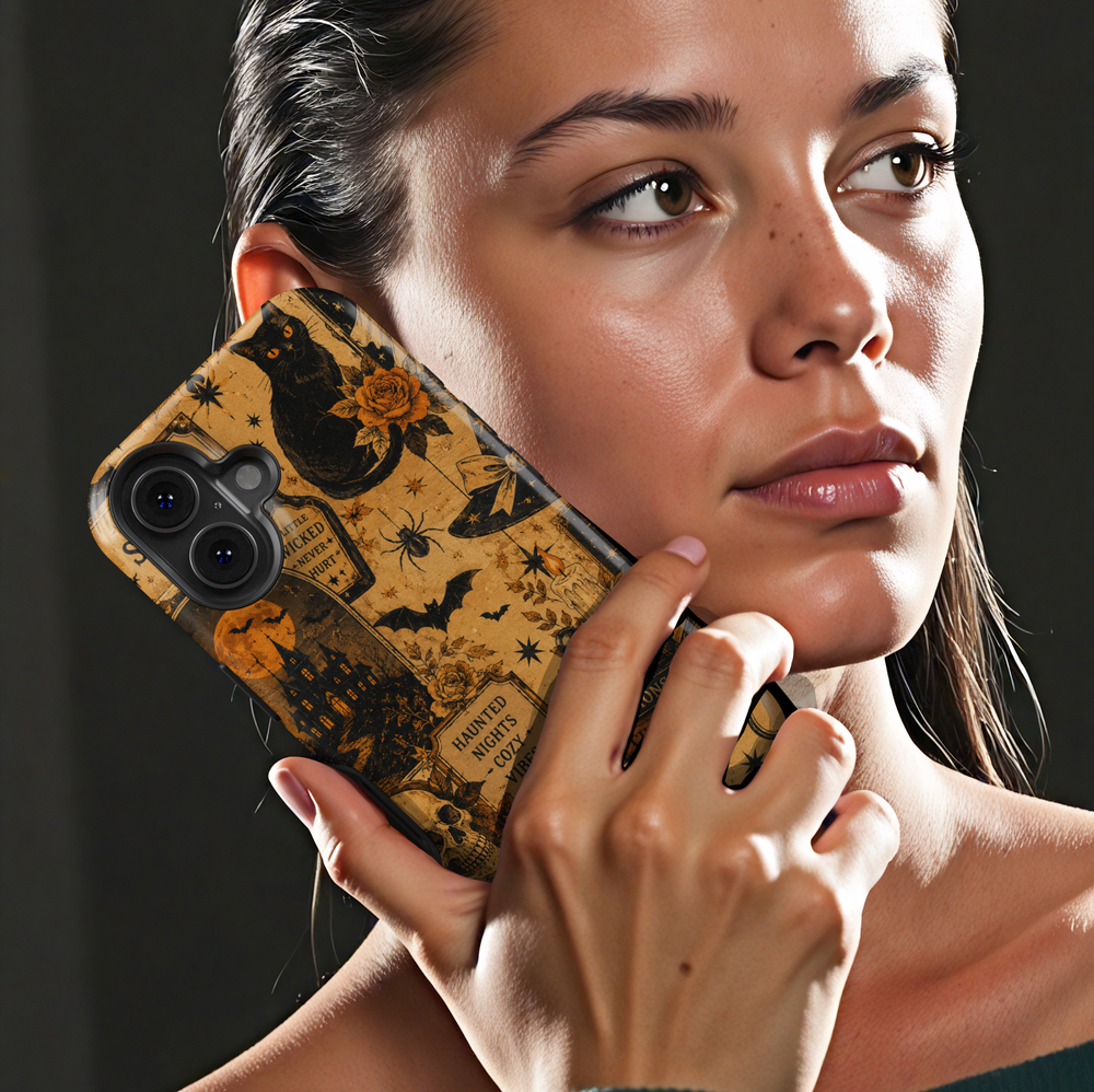 Vintage Halloween phone case for iPhone and Samsung Galaxy featuring black cats, ghosts, pumpkins, skull, bats, haunted house, potions and gothic illustrations in orange and black.