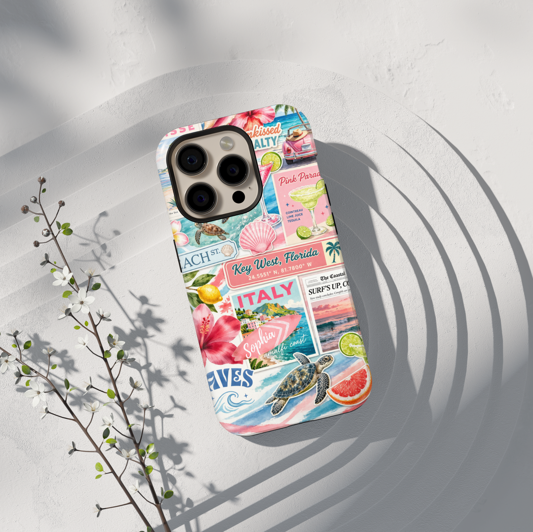 Tropical beach collage phone case with ocean, citrus, and travel aesthetic for iPhone 17 Pro Max and Samsung Galaxy S26 Ultra.