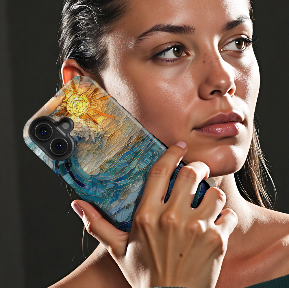 Ocean inspired stained glass art phone case with layered blue waves and golden sun on a protective iPhone and Samsung Galaxy phone case for women