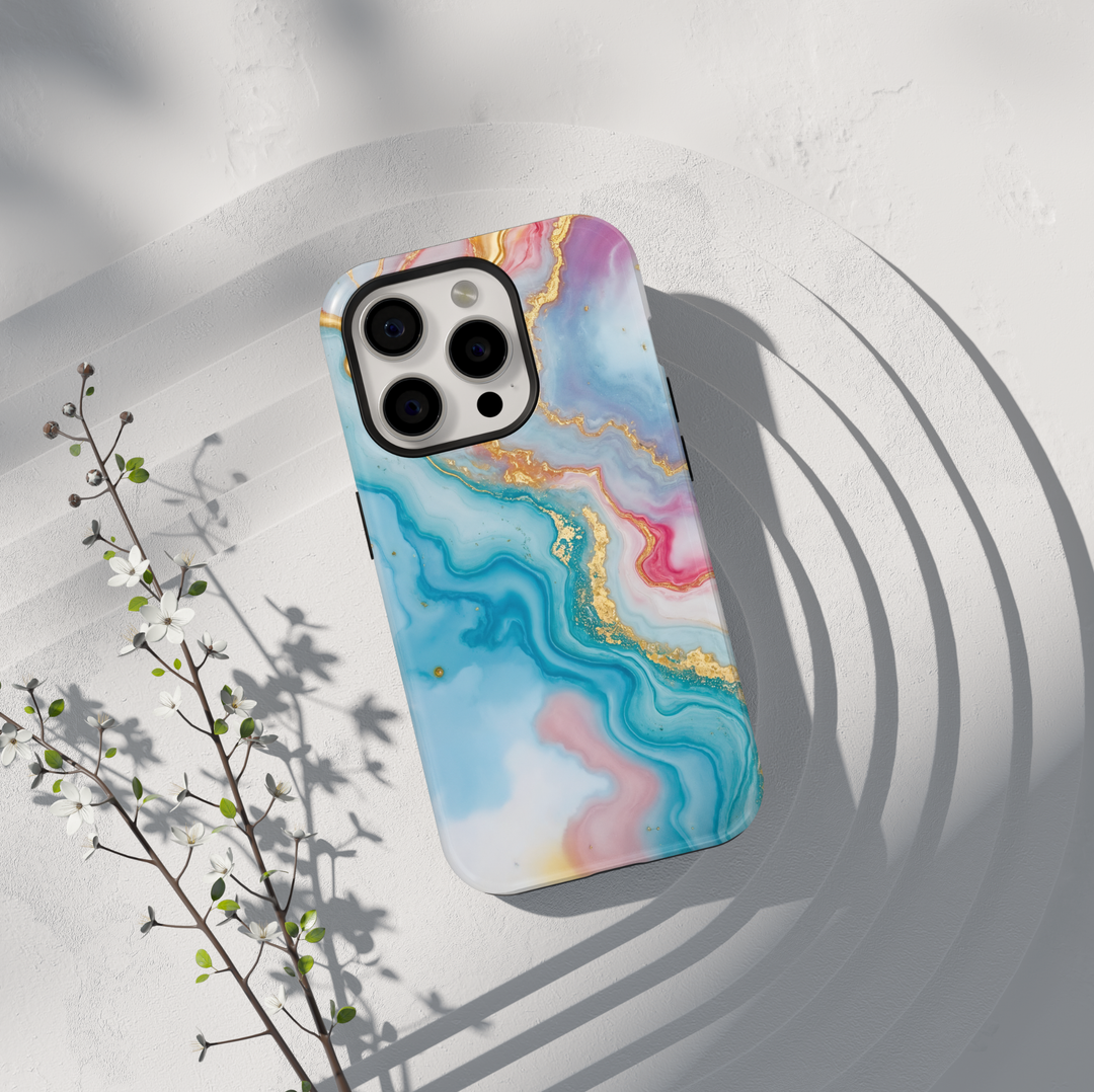 Personalized blue marble phone case with gold accents and custom name design