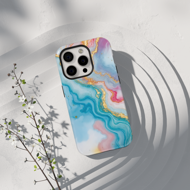 Personalized blue marble phone case with gold accents and custom name design